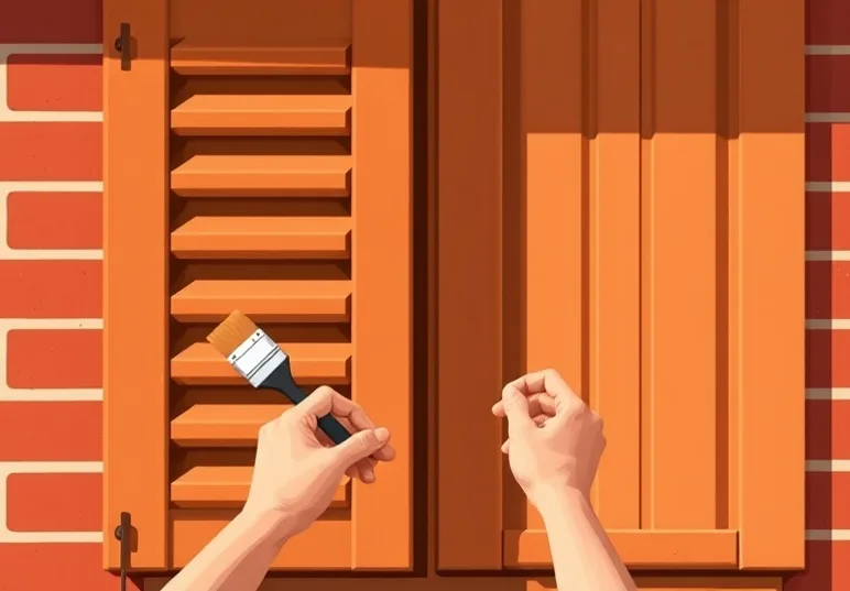 Mise en peinture au pinceau de volets et d'encadrements en bois