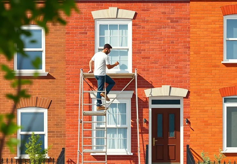 Peintre sur échafaudage traitant la façade d'une maison